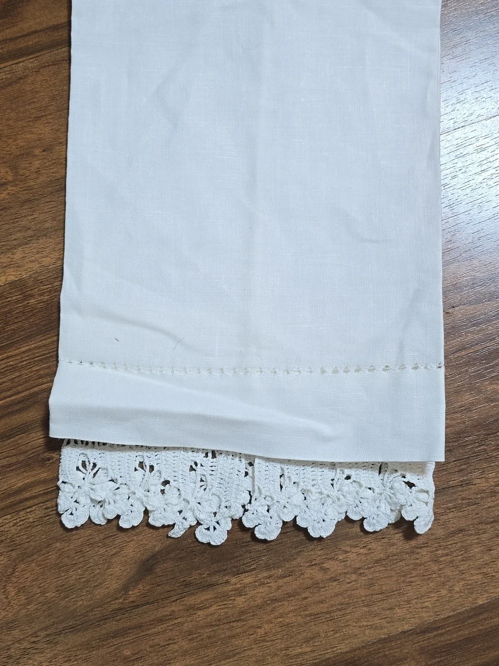 Pair Of Linen Embroidered Crochet Tea Towels